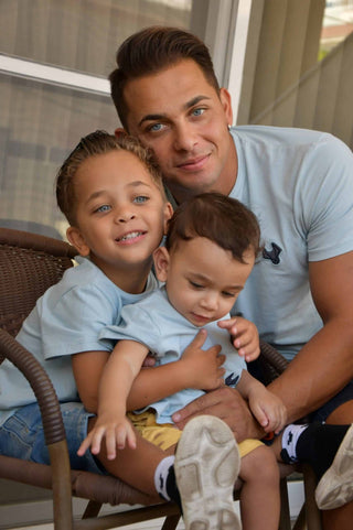 Father & Sons wearing MANCUB Not a Baby Forever Blue T-shirts