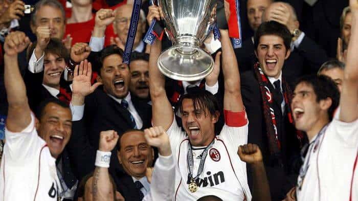 Like father like son - Paolo Maldini celebrating a trophy win for Milan like his father has done many years before
