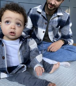 Matching father and son overshirts lifestyle photo