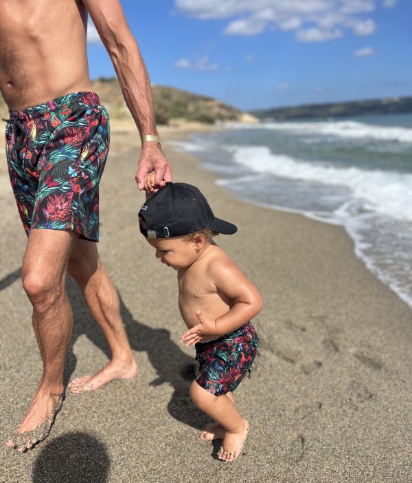 Father and son wearing MANCUB Neon Jungle Matching Shorts